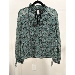 ICHI Long Sleeve Floral Ruffle Neck Tie Blouse Teal Black 38 Medium